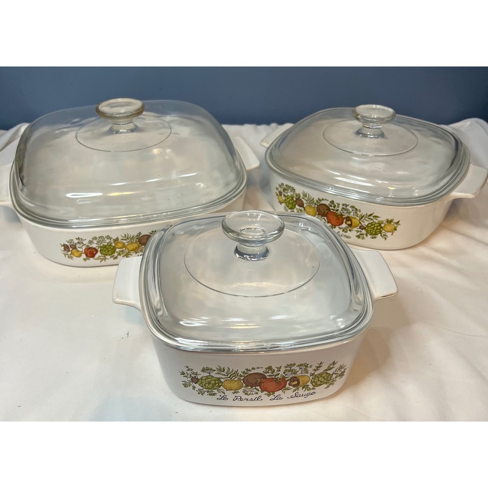 Vintage CorningWare Spice O Life Herb Vegetable 3-Piece Casserole Dish Set Lids
